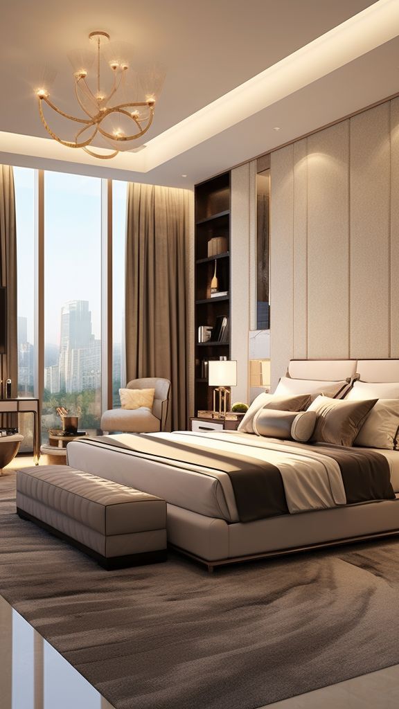 Prestige Wadala luxury bedroom with elegant interiors, modern furnishings and large windows