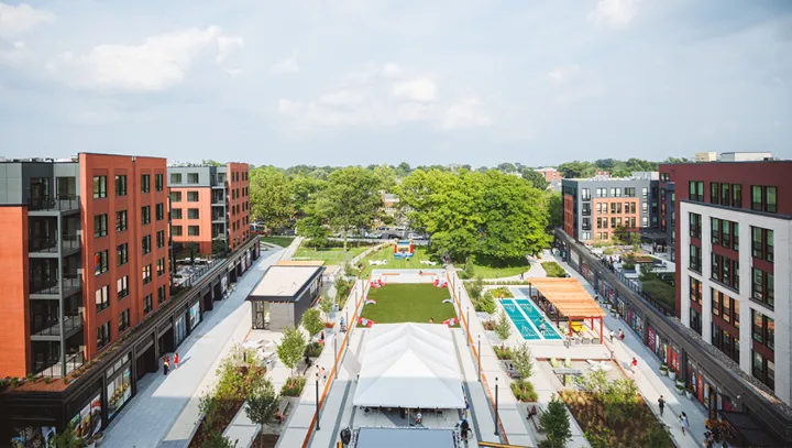 Aerial view of Hines Chandivali Powai showcasing a luxury residential development with open spaces, a swimming pool, and world-class amenities.